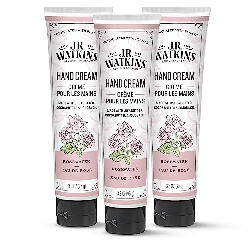 J.R. Watkins Natural Moisturizing Hand Cream, Hydrating Hand Moisturizer with Shea Butter, Cocoa Butter, and Avocado Oil, USA Made and Cruelty Free, 3.3oz, Rosewater, 3 Pack