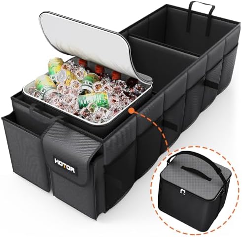 HOTOR Trunk Organizer for Car & SUV, Sturdy Car Organizer with Removable Car Cooler, Large Foldable Trunk Organizer with Cooler for Car, 3 Compartments, Adjustable Straps, Black，30.90”×12.60“×10.63”