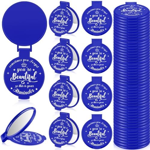 36 Pcs 2.76 Inch Inspirational Compact Mirror Bulk Round Makeup Glass Mirror Personal Purse Pocket Mini Gifts for Women Galentines Coworker Teacher Graduation Friends (Blue)