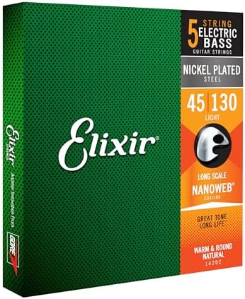 Elixir Strings Nickel Plated Steel 5-String Bass Strings w NANOWEB Coating, Long Scale, Light (.045-.130)