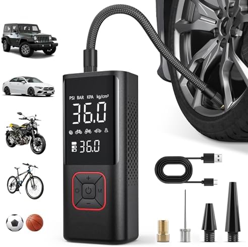 Cordless Tire Inflator Portable Air Compressor - 150PSI Air Pump with Auto Shutoff Function for Car Tires, Inflatables, Motorcycle, Balls, Compact Bike Tire Pump with LED Light, Red, Large