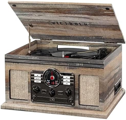 Victrola Nostalgic 6-in-1 Bluetooth Record Player & Multimedia Center with Built-in Speakers - 3-Speed Turntable, CD & Cassette Player, AM/FM Radio | Wireless Music Streaming | Farmhouse Shiplap Grey