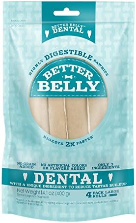 Better Belly Highly Digestible Rawhide Dental Chews, Treat Your Dog to a Chew with NO Artificial Colors or Flavors 4 Count (Pack of 1)