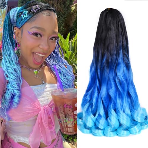 French Curl Braids Hair 8 Packs 24 Inch Ombre blue Pre Stretched Bouncy Braiding Hair French Curls Synthetic Hair Extensions for Boho Box Braids (24inch,8 Packs,Black/Royal Blue/Sky Blue)