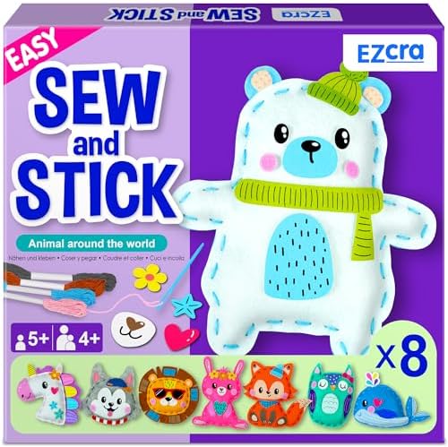 EZCRA 8-in-1 Easy to Do Animal Sewing Projects for Kids - Kids Craft Kits - No Mess Sewing Kit for Kids Age 4,5,6,7,8 - Includes Stickers, Tools with Full Instruction
