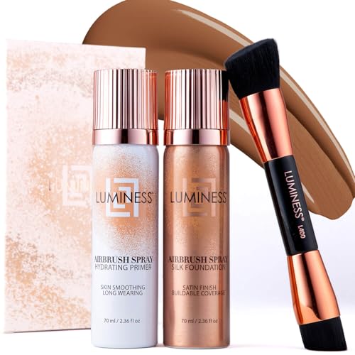 LUMINESS Airbrush Spray Silk Foundation Starter Kit - Tan Dark - Foundation, Primer & Dual-Sided Angled Buffing Brush - Medium, Buildable Coverage, Anti-Aging Formula Hydrates & Moisturizes