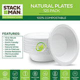 100% Compostable Disposable Paper Bowls [125-Pack] - {PFAS-Free} - {BPI Certified} - [12 oz] Heavy Duty, Eco-Friendly, Biodegradable Bagasse Hot Soup Bowls - Thick White 12oz Bowl Plates by Stack Man