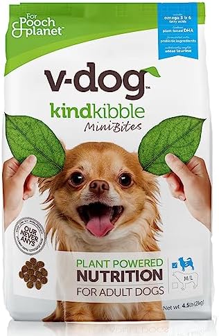 V-dog Vegan Mini Kibble Dry Dog Food (4.5 LB) Small Breed Dogs | Plant-Based Protein with Added Taurine for Sensitive Stomach and Skin | All Natural Made in US