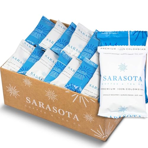 Sarasota Coffee Ground Packets | Colombian Medium Roast | Bulk Packs | Gourmet Columbian Low Acid Mold Free Singles Individual Pouches for 12 Cup Coffee Maker | 1.75 Ounce Bags, 100 Count