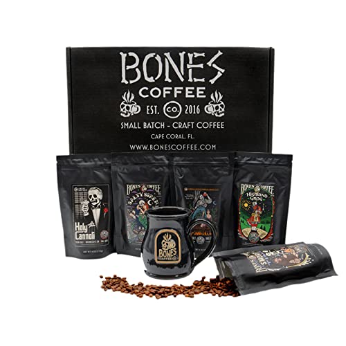 Bones Coffee Company Favorite Flavors Sample Pack Gift Set with Coffee Mug Medium Roast Ground Low Acid Flavored Coffee Beans (4 oz, Pack of 5)