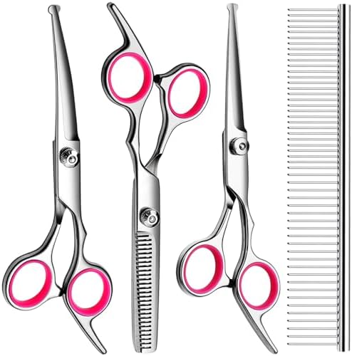 Professional Dog Grooming Scissors Kit, Titanium Coated Dog Scissors for Grooming, Grooming Shears Kit for Dogs Cat At Home (Pink 5 in 1)