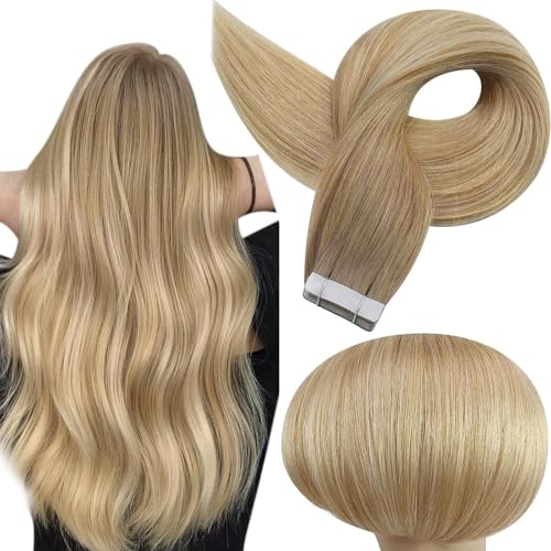 Full Shine Ombre Blonde Tape in Hair Extensions Human Hair 6/27/60 Brown to Honey Blonde 16Inch Tape in Extensions Balayage Invisible Seamless Human Hair 50Gram 20pcs for Wedding