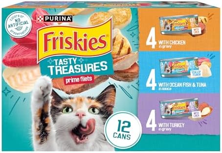 Purina Friskies Wet Cat Food Variety Pack, Tasty Treasures Prime Filets (With Ocean Fish and Tuna, With Chicken and With Turkey) - (Pack of 12) 5.5 oz. Cans