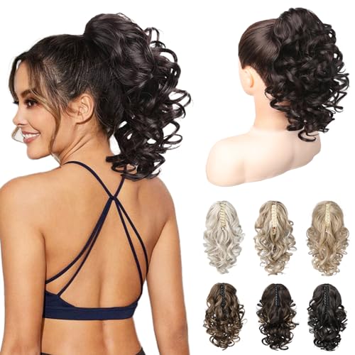 REECHO 12" Ponytail Extension, Classic Loose Curly Wavy Claw Clip Pony tails Hair Extensions Hairpieces for Women - Dark Brown
