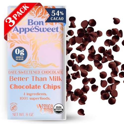 Bon Appesweet Date Sweetened Chocolate Chips - Better Than Milk Chocolate | 8 Ounce (Pack of 3) | Organic, Zero Added Sugar, 54% Cacao, Plant Based, Dairy Free, and Guilt Free!