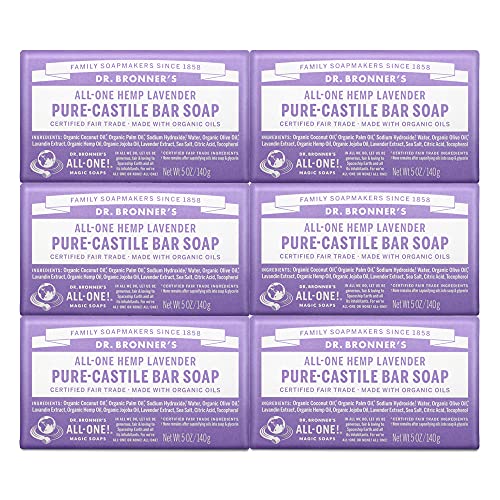 Dr. Bronner's - Pure-Castile Bar Soap (Lavender, 5 ounce, 6-Pack) - Made with Organic Oils, For Face, Body and Hair, Gentle and Moisturizing, Biodegradable, Vegan, Cruelty-free, Non-GMO