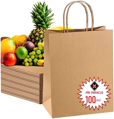 57 Lb Large Kraft Paper Grocery Bags with Handles 100 Count - 12 x 17 x 7 - Durable, Reusable & Eco-Friendly Shopping Bags, Brown Kraft Take-Out Bags for Retail, To-Go, Any Occasion