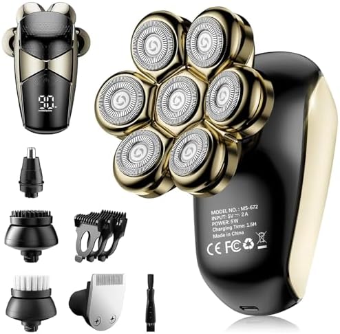Detachable Head Shavers, SHPAVVER 5 in 1 Electric Razor IPX7 Waterproof for Bald Men, Wet Dry LED Display Rechargeable 7D Rotary Shaver Grooming Kit with Type C Charge A，Gold