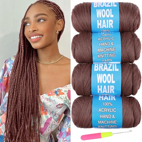 4 Pcs Brown Brazilian Wool Hair for Braids Acrylic Hand Knitting Yarn for Braiding Hair Faux Locs Crochet Hair Boho Box Crochet Braids Synthetic Braiding Hair Extensions(#30)