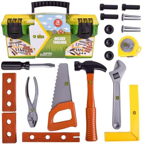 John Deere 18 Piece Deluxe Tool Box, Construction Playset with Tape Measure and Tools, Interactive Building Toys, Preschool Toys for Boys and Girl
