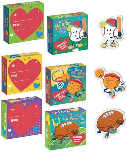 Peaceable Kingdom Valentines Cards for Kids Classroom, Set of 28 Valentines Day Gifts - Sports Eraser Valentines