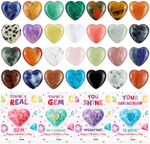 Valentines Day Gifts for Kids,28 Pack Valentines Cards with Heart Shape Crystals Gemstones Bulk for School Classroom Gifts Exchange Prizes,Funny Valentine's Party Favor Toys for Toddlers Boys Girls
