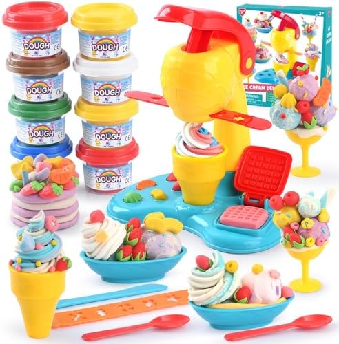 Color Dough Sets for Kids Ages 4-8,Play Kitchen Ice Cream Maker Color Dough Set for Kids Ages 2-4,Arts Crafts play Food Toys for Girls Boys 3+,8 Cans of Modeling Compound,2 oz Cans,Multicolor