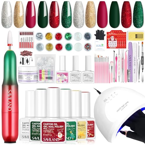 SAVILAND Christmas Gel Nail Polish Kit - 6 Colors Gel Polish with 48W Nail Lamp & Gloves 20000 RPM Nail Drill Builder Nail Gel Complete Tools Christmas Accosseries for Home DIY Nail Salon Gifts