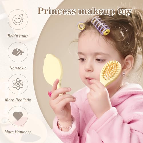 OESSUF Kids Makeup Kit for Girl, Wooden Makeup Toy Set for Toddlers, Pretend Wood Beauty Salon Toys Set for Kid Children Princess, Christmas Birthday Gift Toy for 3 4 5 6 7 8 9 10 Year Old