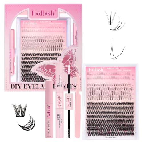 FADLASH Lash Clusters Kit Natural Individual Lash Extensions Multi-type with DIY Wispy Faux Mink Lash Tray,7D Spike, Bottom Cluster Lashes with Bond and Seal and Remover Lash Tweezer for Self Use