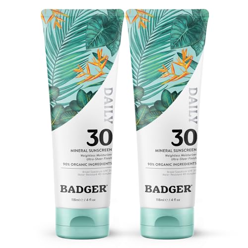 Badger Mineral Daily Sunscreen with Zinc Oxide, Organic Sunscreen Moisturizer with SPF 30, Hydrating Everyday Sunscreen Lotion, Vegan, Gluten Free & Unscented Body Sunscreen, 4 fl oz (2 Pack)