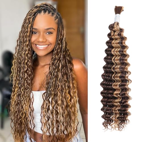 Highlighted Honey Blonde Braiding Human Hair for Boho Knotless Braids 18 Inch 100G FULL BULK, Ombre 4/27 Curly Braiding Hair Deep Wave Human Hair Bulk, No Weft Blonde & Brown Hair Extensions