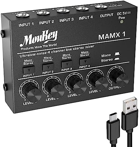 Moukey Mini Audio Mixer, DC 5V, 4 Stereo Ultra, Low Noise 4 Channel Line Mixer for Sub-Mixing, for Small Clubs or Bars, As Guitars, Bass, Keyboards Mixer, MAMX1