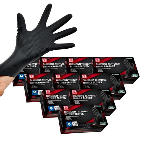 Jointown Basic Heavy Duty Nitrile Gloves, 8 Mil Black Mechanic Disposable Gloves Medium with Raised Diamond Texture, Latex Free, Powder Free Industrial Automotive Work Gloves Case of 1000
