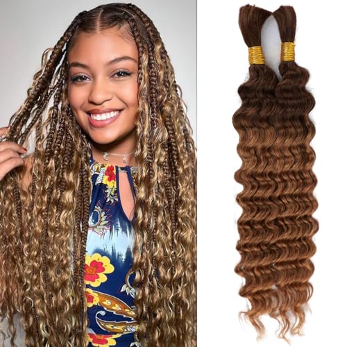 Human Braiding Hair 100g Deep Water Wave Bulk Human Hair for Braiding No Weft 10A Brazilian Virgin Curly Human Hair Extensions for Boho Braids (100g-26inch, T4/30-Deep)