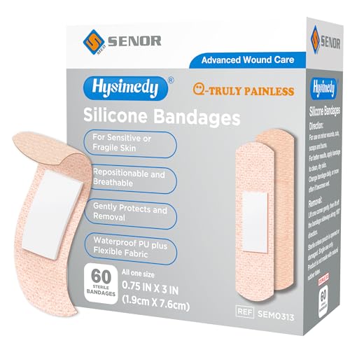 Hysimedy Silicone Bandages for Sensitive Skin - 3/4" x 3" (60 Counts) One Small Size - Latex Free Flexible Fabric Painless Removal Hypoallergenic Bandages for Wound Care