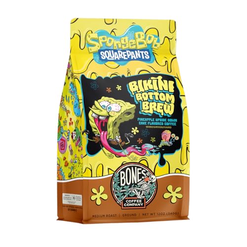 Bones Coffee Company Spongebob Bikini Bottom Brew Flavored Coffee Beans, Medium Roast Ground Coffee Low Acid, Upside Down Cake Flavor (12 oz)