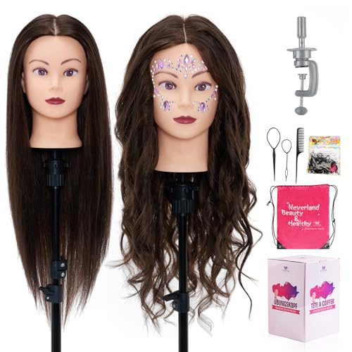 28" Mannequin Head Human Hair, Mannequin Head with 60% Real Hair,Cosmetology Mannequin Doll Head for Hair Styling,Training Practice Braiding Manikin Head with Table Clamp,Hair Styling Set #4