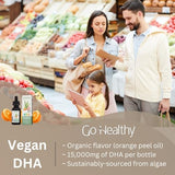 Go Healthy DHA Omega 3 Drops for Kids, Toddlers & Infants - Vegan Fish Oil Alternative Supplement - Just 3 Ingredients, 250 mg-500 mg DHA Per Serving, Organic Orange Flavor, 30-60 Servings