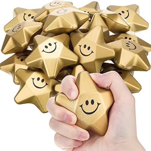 Deekin 36 Pieces Star Stress Balls Mini Foam Ball Stress Relief Toys for Teens and Adults Student Bag Fillers, Gold(Smile,3.1 Inch)