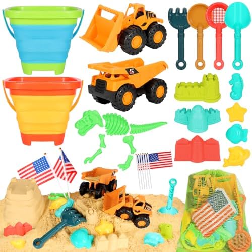 Beach Sand Toys for Kids, 29PCS Sandbox Toys with 2 Collapsible Bucket Sand, 2 Dump Truck, Dinosaur Sand Molds, Sand Castle Kit, Shovel Sieve,Flags,Mesh Bag Travel Beach Toys for Toddler 3-10