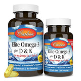 Carlson - Elite Omega-3 Plus D & K, 700 mg Omega-3s + D3 & K2, Function, Bone Health & Immune Support, Lemon, 60+30 Softgel