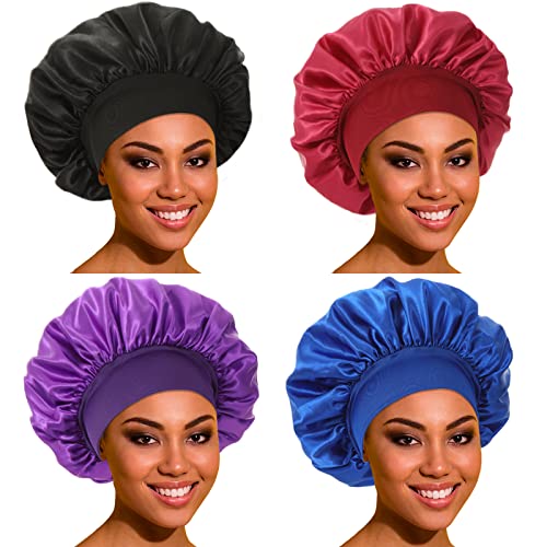 Satin Bonnet Silk Bonnet Hair Bonnet for Sleeping- 4 Pack Bonnets for Black Women with Wide Elastic Band for Curly Hair