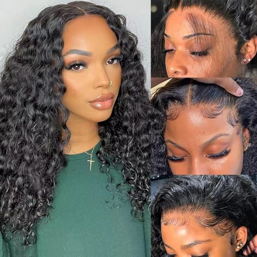 FIRIEYA 13x4 Deep Wave Lace Front Wigs Human Hair 180% Density Glueless HD Transparent Lace Frontal Human Hair Wigs Pre-Plucked with Baby Hair Natural Color (16inch, Natural Black)