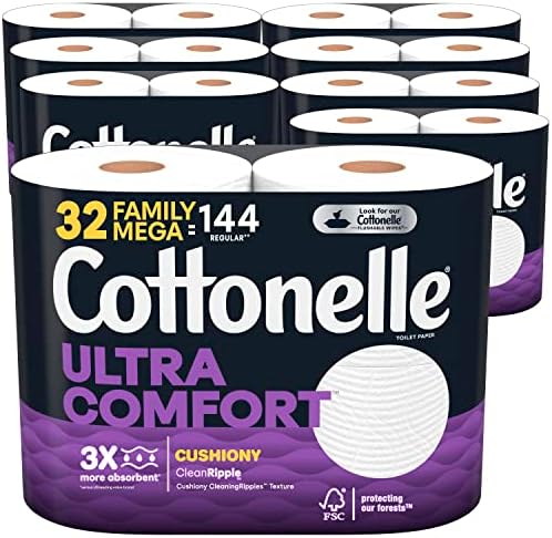 Cottonelle Ultra Comfort Toilet Paper with Cushiony CleaningRipples, 2- Ply, 32 Family Mega Rolls (8 Packs of 4) (32 Family Mega Rolls= 144 Regular Rolls), 325 Sheets per Roll, Packaging May Vary
