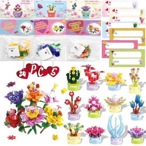 24pcs Valentine's Day Gifts for Kids, Flowers Succulent Building Blocks with Valentines Cards for Kids Classroom School Party Favor