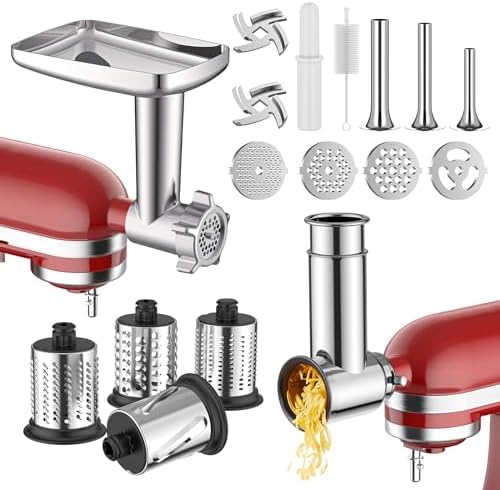 Meat Grinder & Stainless Steel Slicer Shredder Attachment for KitchenAid Stand Mixer, Includes Metal Food Grinder Attachment with Sausage Stuffer Tubes and Salad Machine Accessory by InnoMoon