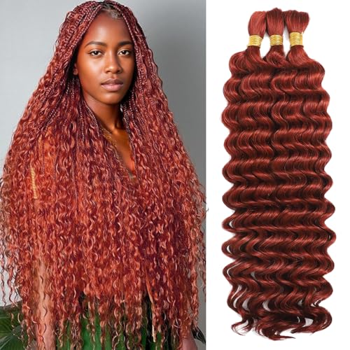 Deep Wave Bulk Human Braiding Hair 3 Bundles 110g 24 Inch Human Ginger Braiding Hair for Boho Braids Color 350 No Weft 100% Percent Brazilian Human Braiding Hair Extensions for Micro Braiding