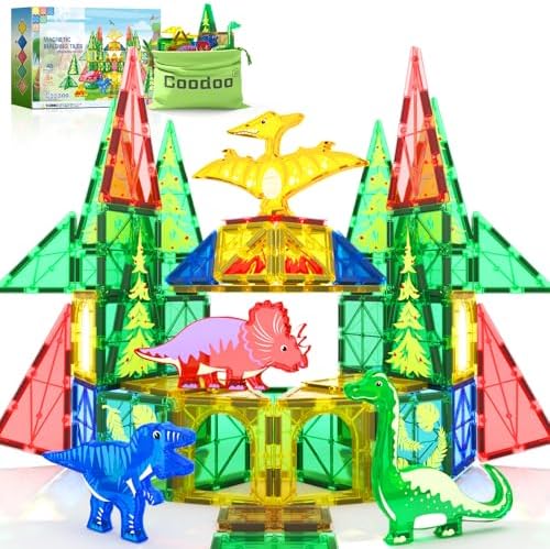 Dinosaur Toys Magnetic Tiles - Magnet Building Blocks for Toddler Kids Toys STEM Sensory Outdoor Toys for 3+ Year Old Boys and Girls, Dinosaur World Creative Games Kids Toys