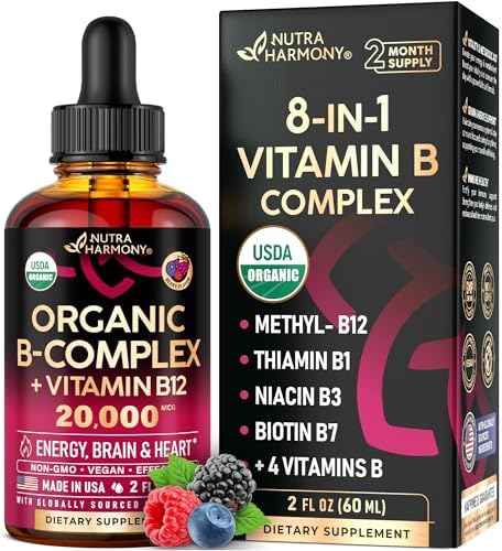 USDA Organic Vitamin B-Complex B5 Pantothenic Acid | B12 Methylcobalamin | B1 Thiamine | B6 Pyridoxine | B7 Biotin | B9 Folic | B3 Niacinamide - B Complex Liquid Drops, Made in USA Supplement, 2fl oz